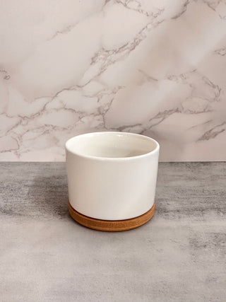 White Pot with Wooden Saucer